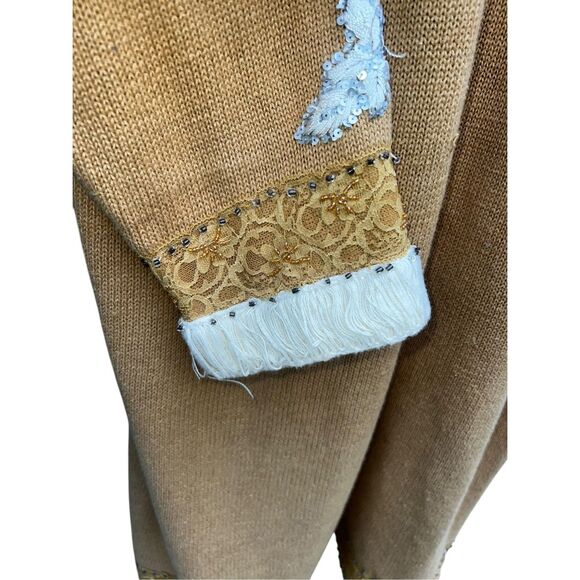 Storybook Knits HSN Women's Floral Long Full Zip-Up Sweater Tan & Cream 1xl - Picture 3 of 5